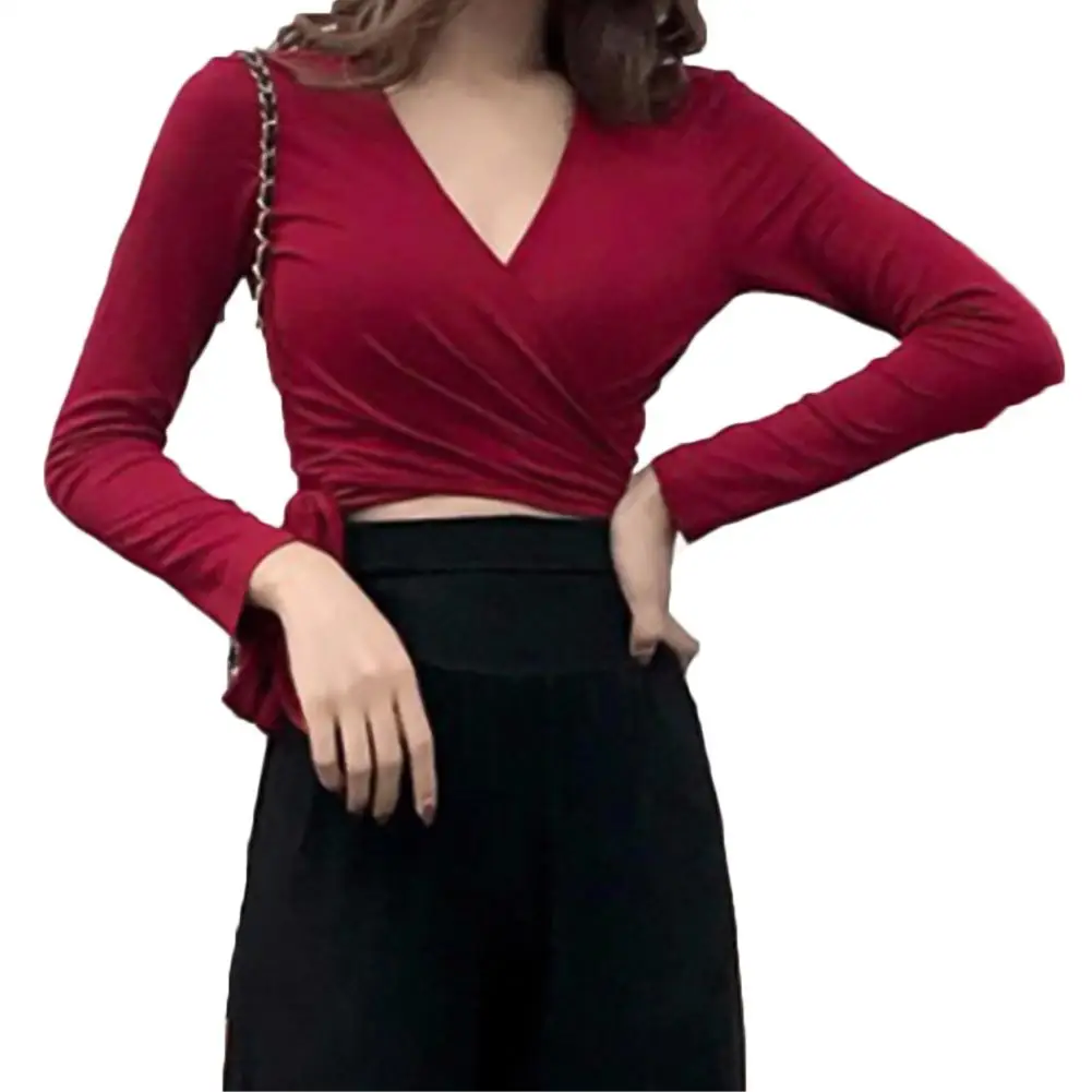 

Sexy Women Deep V Neck Front Wrap Side Bandage Slim Cropped Blouse Base Shirt