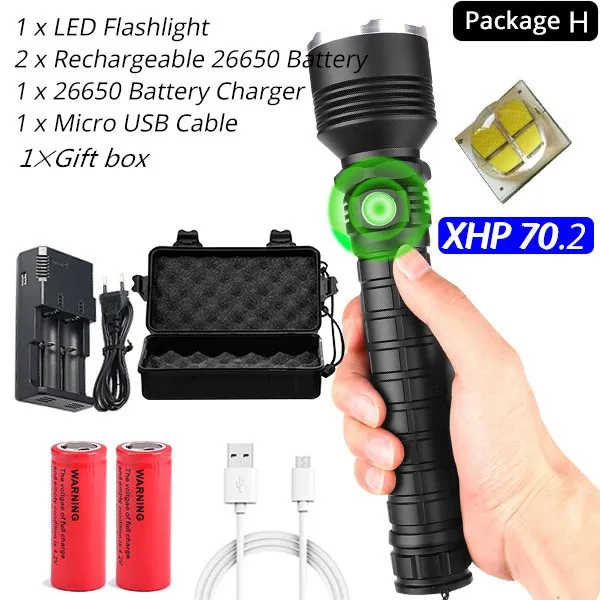 Option H Мощный светодиодный фонарь XHP70.2, водонепроницаемый светодиодный фонарь с поддержкой зума, 3 режима освещения, питание от аккумулятора 18650 или 26650 для улицы - Испускаемый цвет: Option H