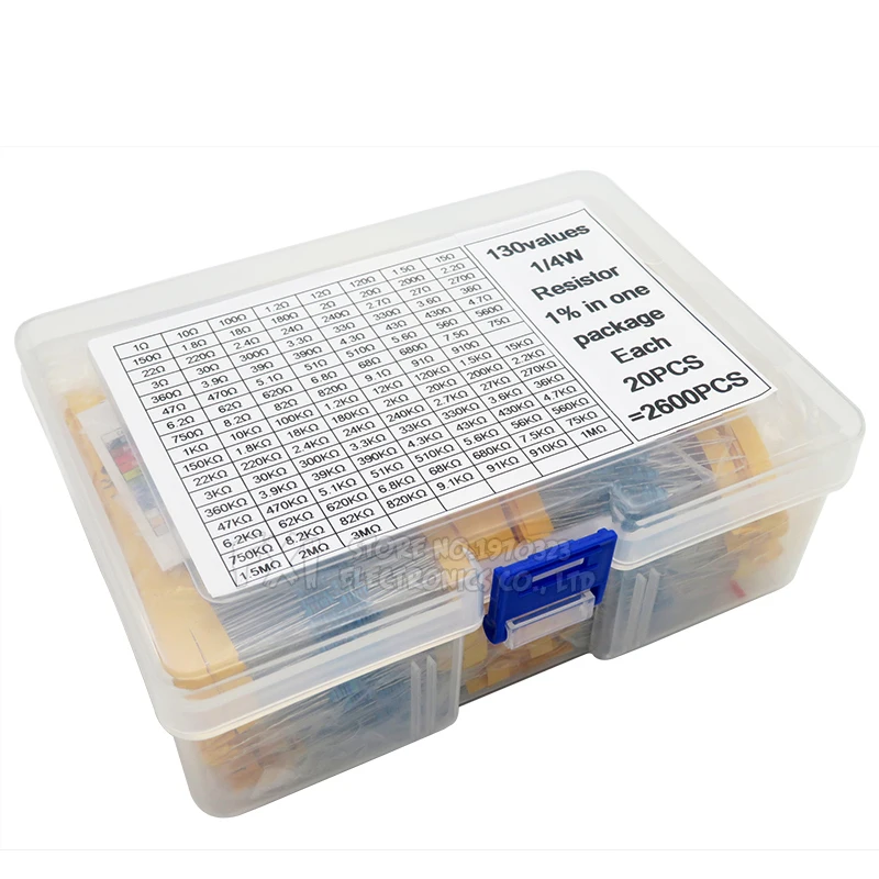 Aliexpress - 2600pcs - 1/4W 1% resistor assorted kit 130 values (10Ohm to 1MOhm)