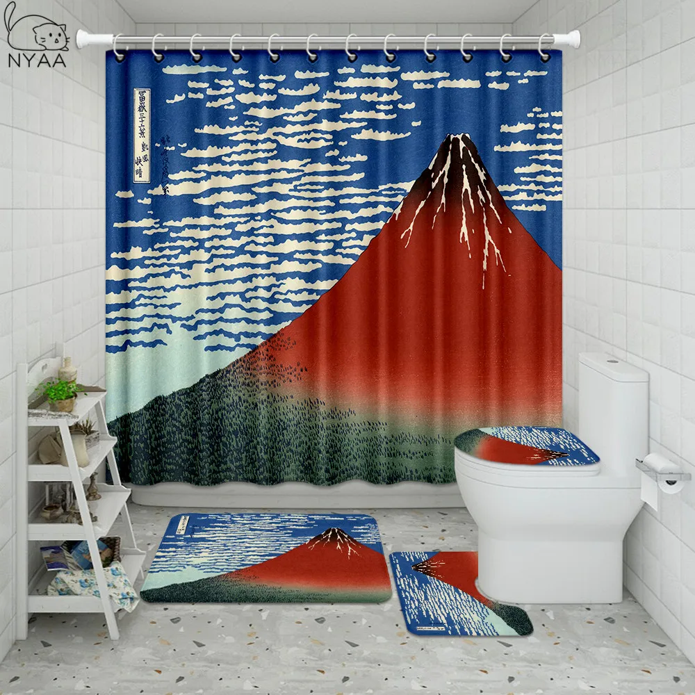 Японская занавеска для душа Kanagawa из ткани Великая волна с узором морской волны