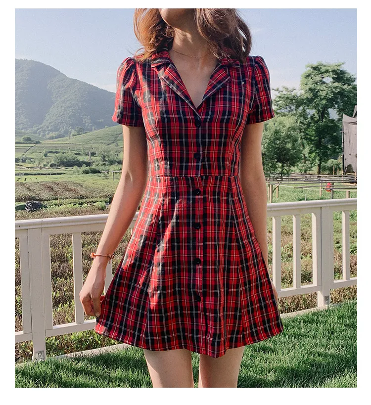 Красный, розовый, желтый kawaii платье на пуговицах мини-платье с короткими рукавами корейское винтажное платье клетчатые повседневные платья для девушек boho уличная одежда