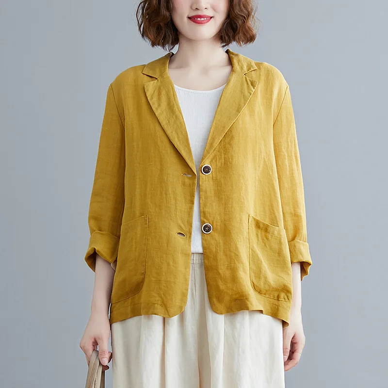 

Cotton Linen Coats 2021 Autumn OL Suit Blazers Casual Solid Lapel Thin Women Long Sleeve Female Jackets Outwear Korean