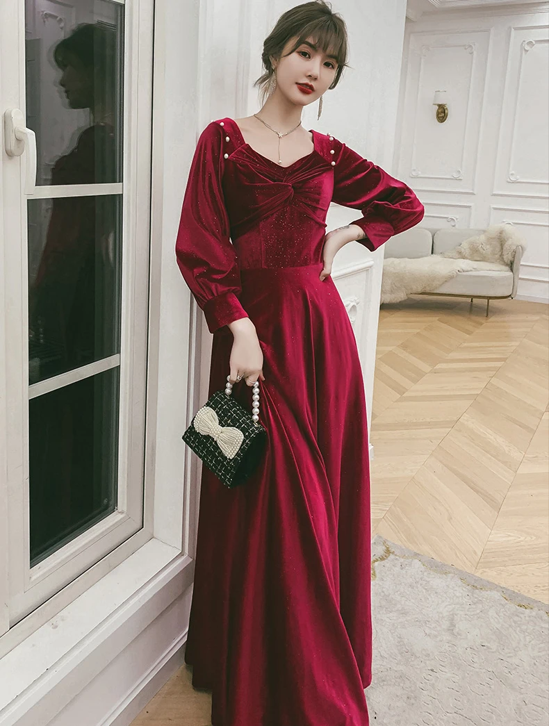 AnXin SH Princess sweetheart long sleeve velvet a line evening dress vintage zipper party brie wine red | Свадьбы и торжества