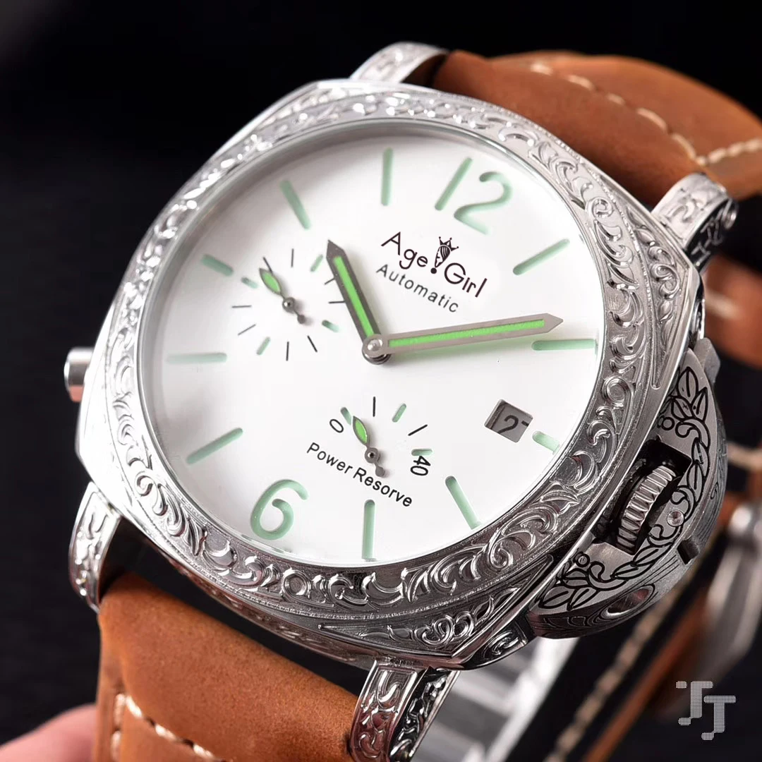 

Luxury Brand New Men Automatic Mechanical Power Reserve 904L Stainless Steel Enamel Carving Silver Green Black Leather Watches