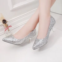 new elegant ladies shinning glitter gold silver pumps sexy pointed toe high heels ankle strap wedding party shoes woman pumps