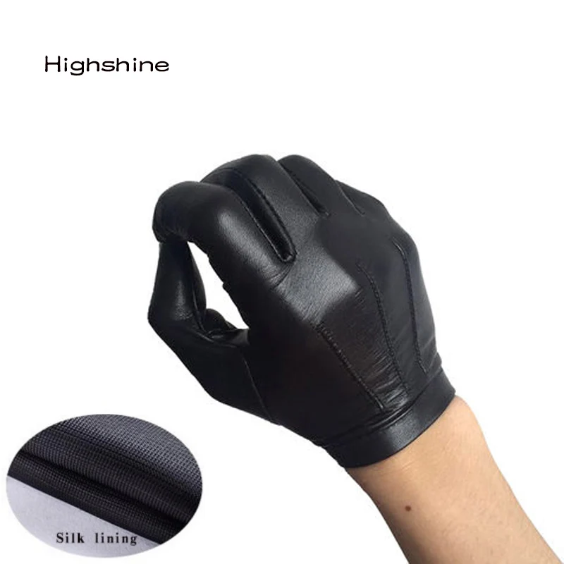 black silk lining Highshine, без подкладки, на запястье, на кнопке, цельный кусок овечьей кожи, сенсорный экран, Зимние перчатки для мужчин, черные и коричневые - Цвет: black silk lining
