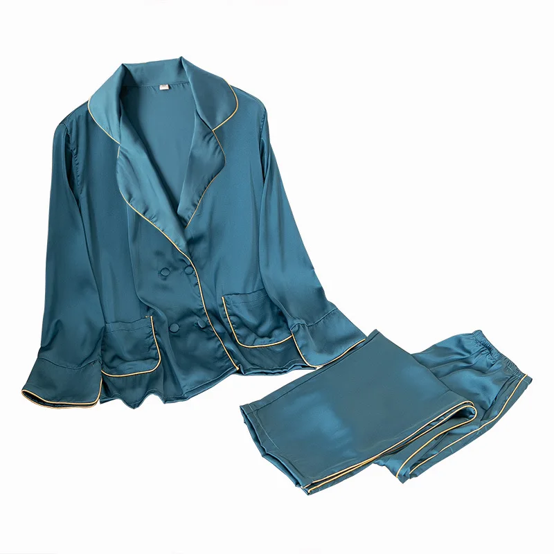 

Satin Home Clothing Intimate Lingerie PAJAMAS Suit Women Spring New 2PCS Sleep Set Nightwear Casual Blue Pyjamas Homewear