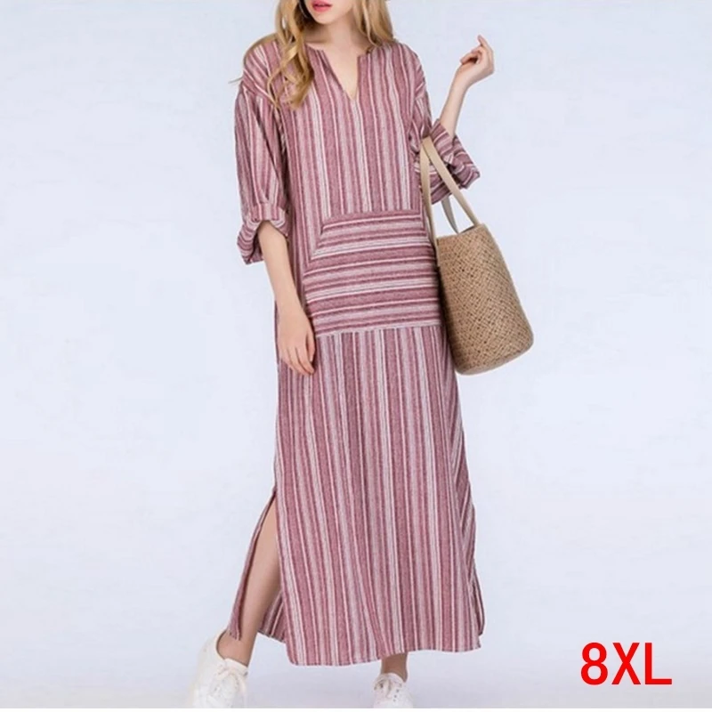 Женское платье большого размера из хлопка и льна с карманами плюс 5XL 6XL 7XL 8XL летнее