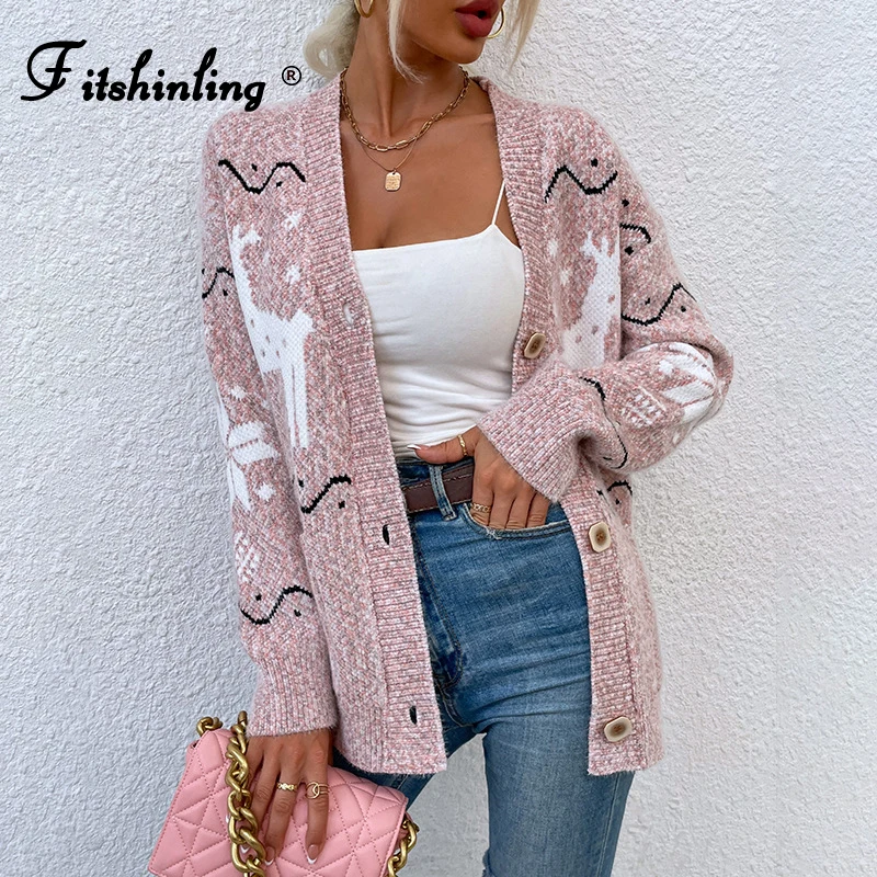 

2021 New Arrival Ugly Christmas Sweater Cardigan Knitwear Snowflake Deer Slim Xmas Winter Coat Fashion Pocket Jacket