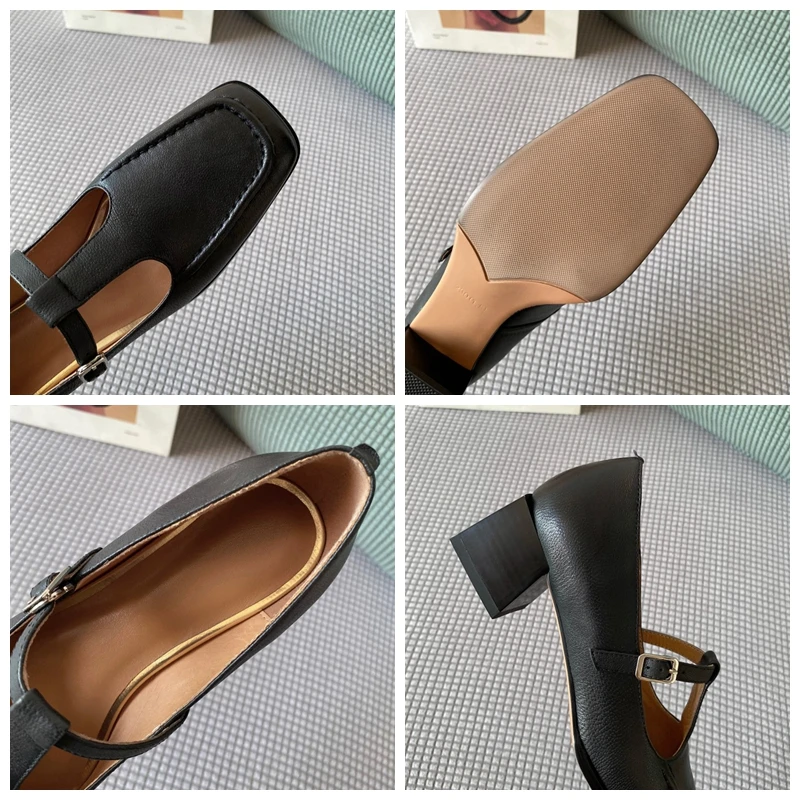 

SIMLOVEYO Ladies Pumps 2021 New Square Toe 4.5cm Heels Buckle Classic Genuine Leather Designe British Casual Office Summer B2216