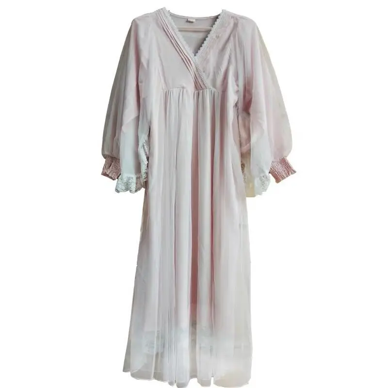 Retro Palace Princess Nightdress Women Spring and Autumn Korean Version Sweet Lace Mesh Sexy Cotton Nightdress Home Clothes Long