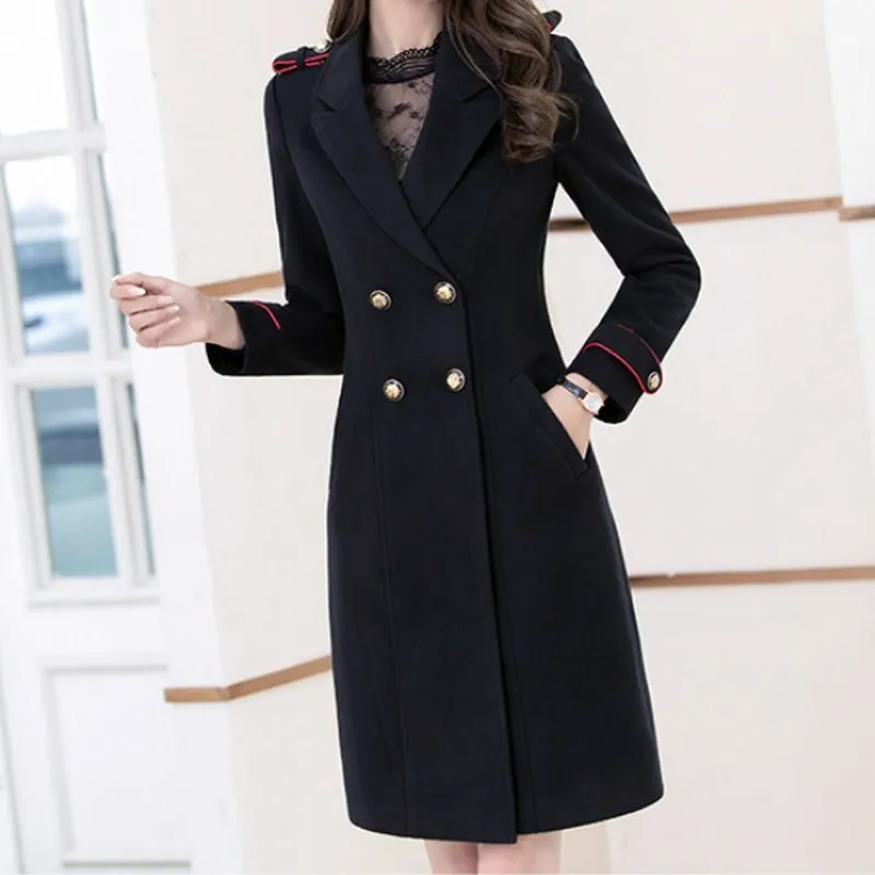Элегантное двубортное шерстяное пальто для женщин корейский стиль Тонкий Бизнес