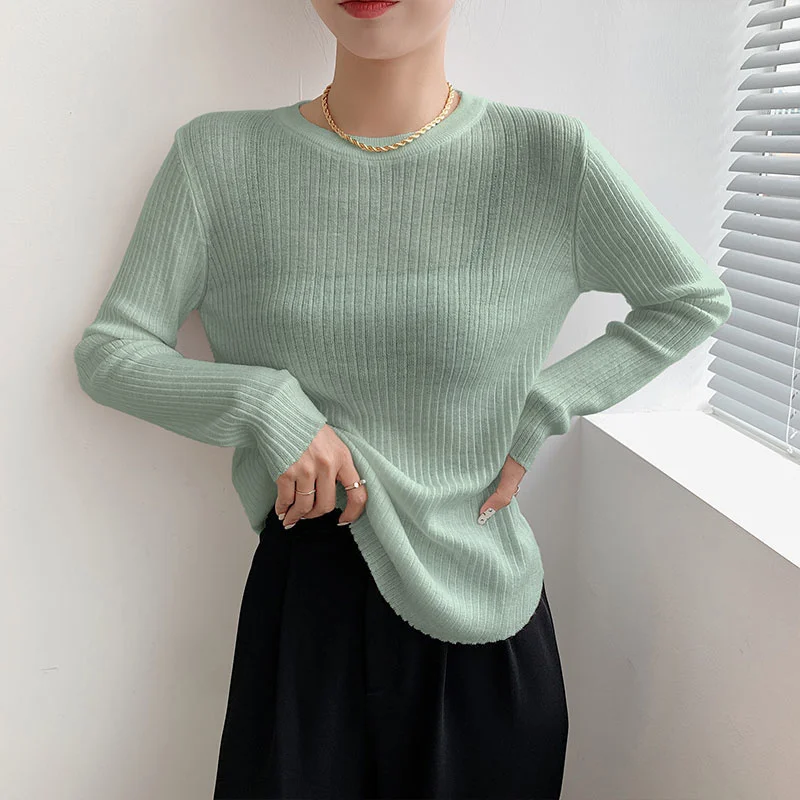 

Женский свитер с круглым вырезом, новинка 2021, облегающий Топ, свитер с длинным рукавом, женская рубашка на осень и зиму