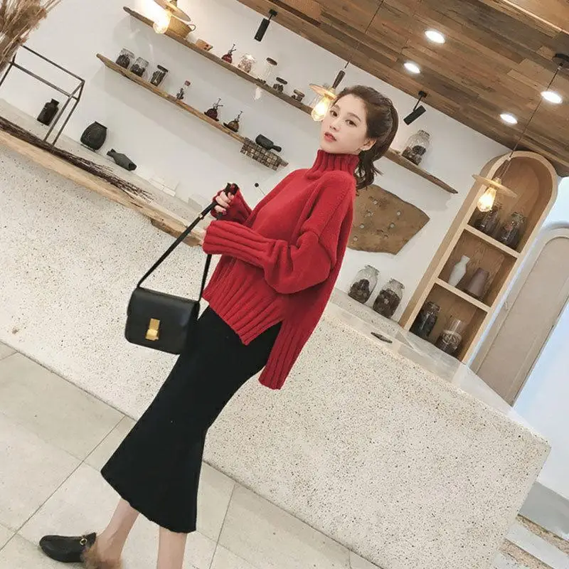 

2021 Women Autumn Winter Knitted Suit Female Turtleneck Sweater + A-line High Waist Skirt 2 Piece Set Lady Casual Loose Set I104