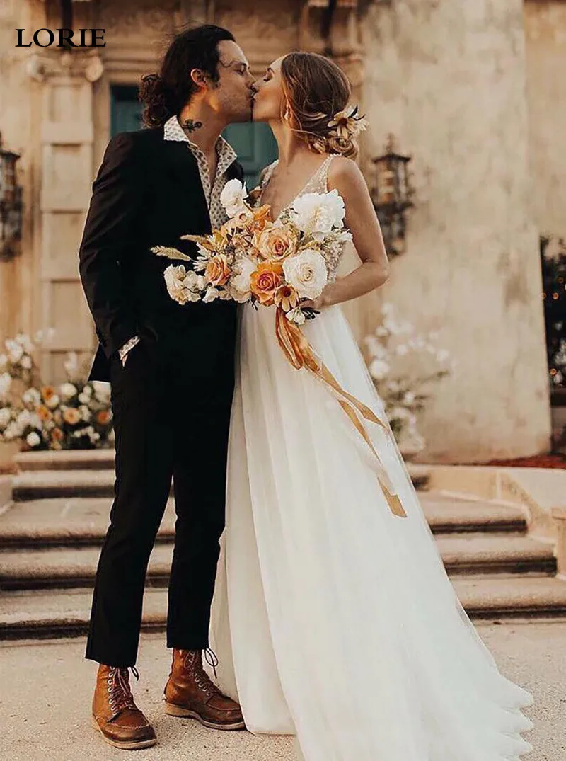 Свадебное платье LORIE а-силуэта в стиле бохо с жемчугом невесты 2020 длинное