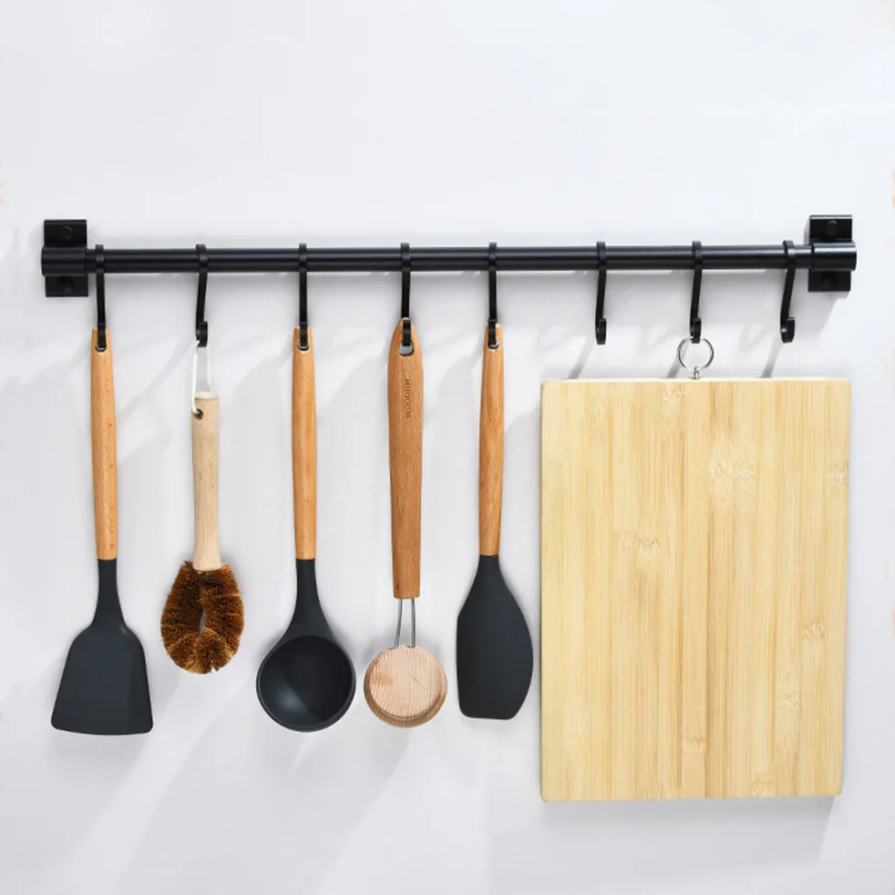 

Black Kitchen Hook Rack Wall Mounted Pantry Tool Holder Kitchen Shelf Aluminum Pantry Bar for Kitchenware Utensil Storage Rack