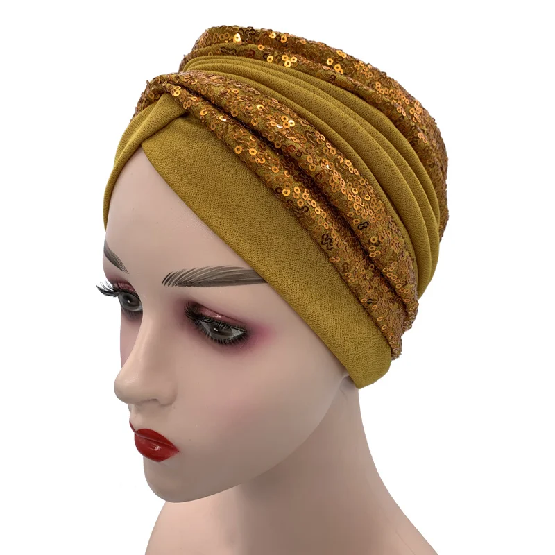 

2021 Summer Breathable Sequins Turban Cap Women's Head Wraps Muslim Headscarf Cap India Hat Ready Hijab Bonnet Turbante Mujer