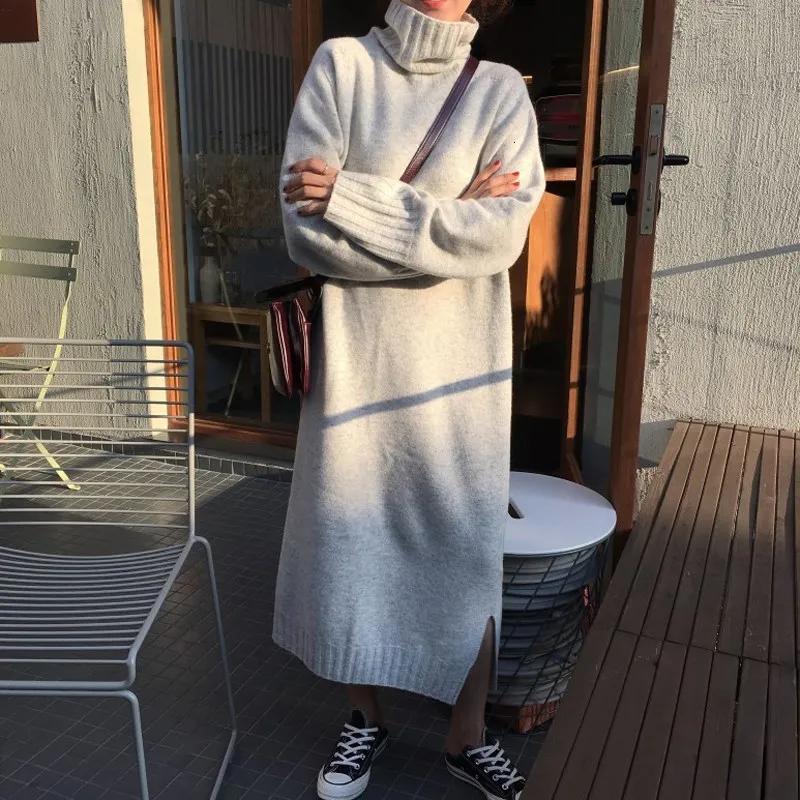 Осенне зимнее женское Повседневное платье с высоким воротником однотонное