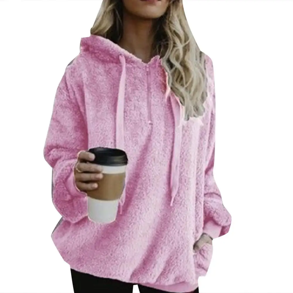 Plus Size Winter Solid Color 1/4 Zip Up Fluffy Hoodies Women Hooded Sweatshirt