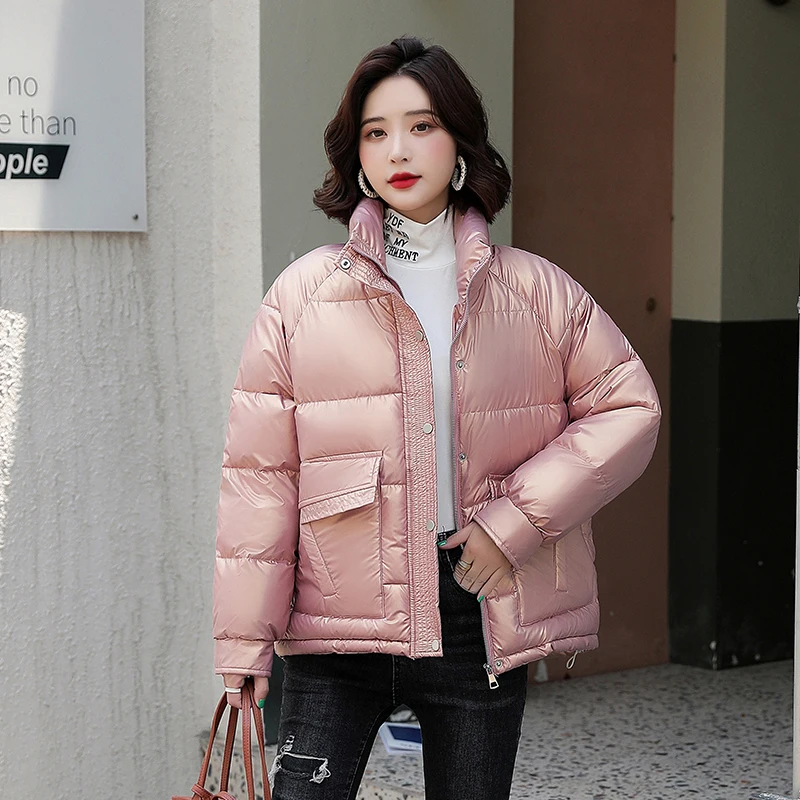 

Уличная одежда, блестящая пуховая куртка, женское теплое плотное зимнее короткое пузырьковое пальто, новая корейская мода, парки с воротник...
