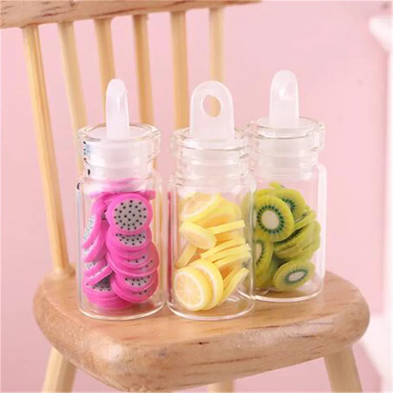 

Mini Fruit Slices Glass Bottle Storage Jar Wooden Lid Toy Doll Accessories 1:12 Dollhouse Miniature