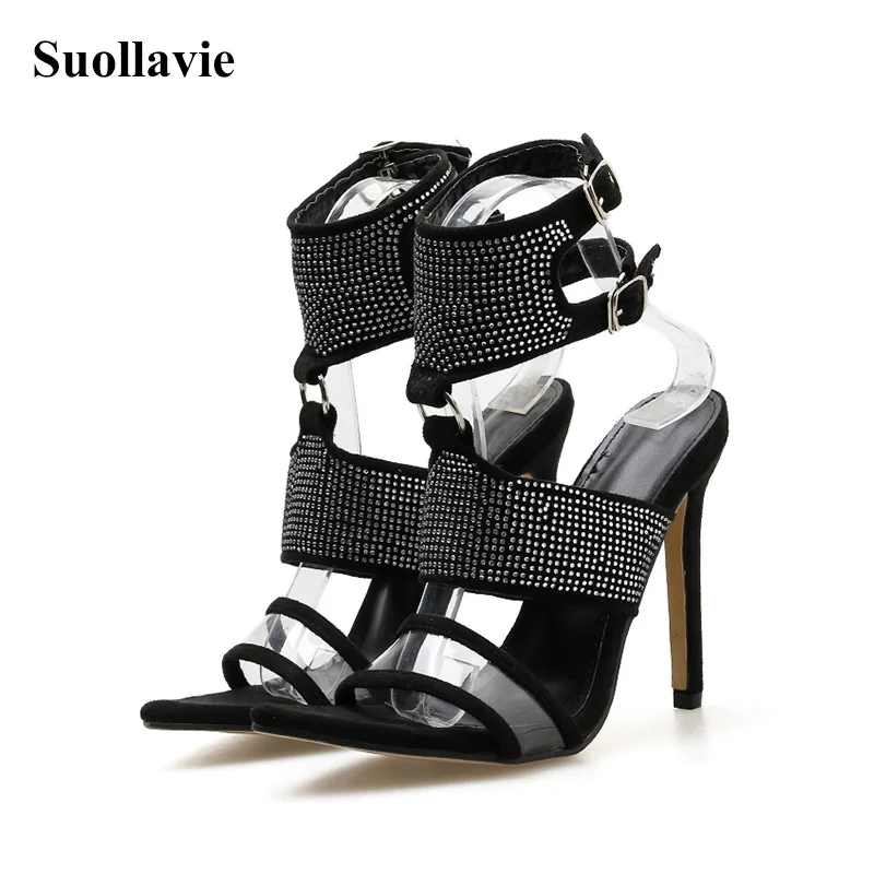 Женские ботильоны с острым носком черные ботинки из ПВХ прозрачным ремешком и