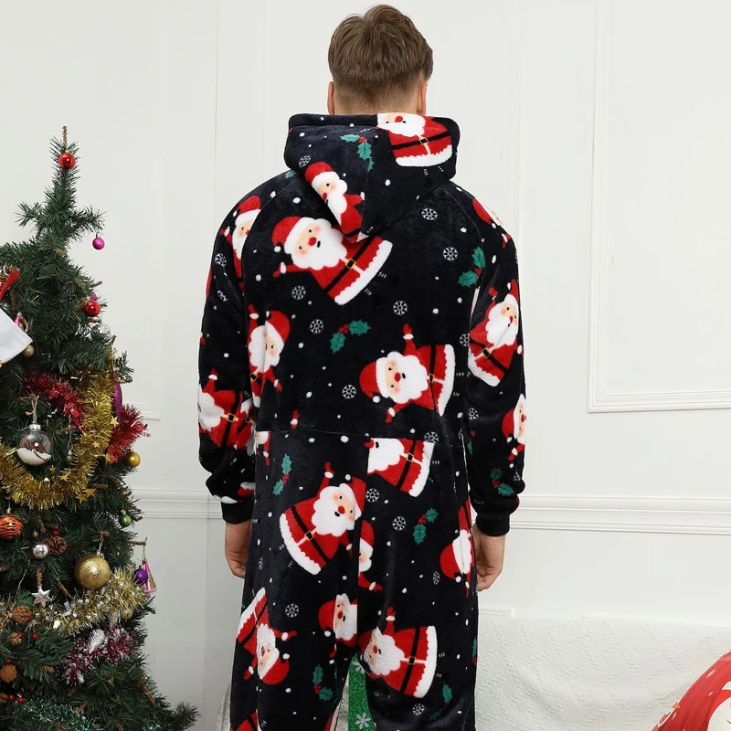 Winter Flannel Warm Sleepwear 2021 New Christmas Print One-piece Men's Pajamas Set Homewear