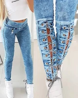 2021 new autumn spring girls daily wear solid color lace up jeans casual female long skinny high waist womens pants leggings