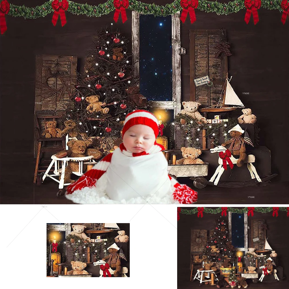 

Christmas Bear Toy Shop Photography Backdrop Wood Windows Xmas Wreath Gifts Background Vinyl Vintage Family Portrait PhotoStudio