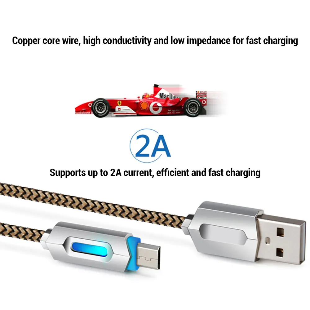 2.4A светодиодный кабель Micro US 1 м для быстрой зарядки нейлоновый USB передачи данных
