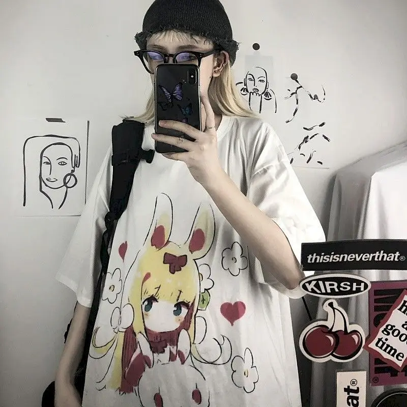 

2021 Short Sleeve T-shirt Korean New Harajuku Style Cartoon Print Student Loose Graphic T Shirts Goth Clothes Vintage Streetwear