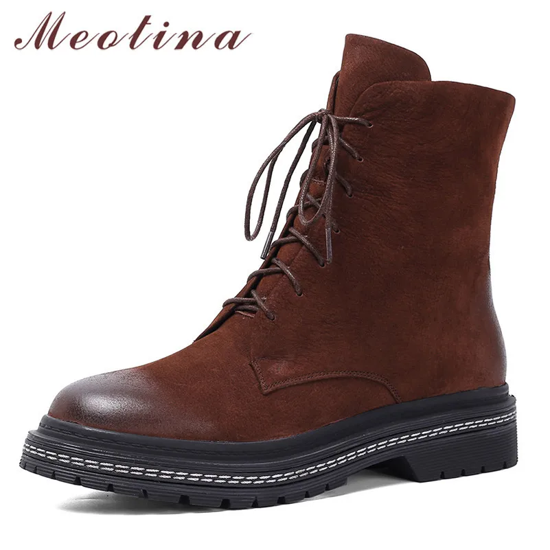 

Meotina Winter Ankle Boots Women Cow Suede Zipper Flat Short Boots Genuine Leather Round Toe Shoes Ladies Fall Black Size 34-39