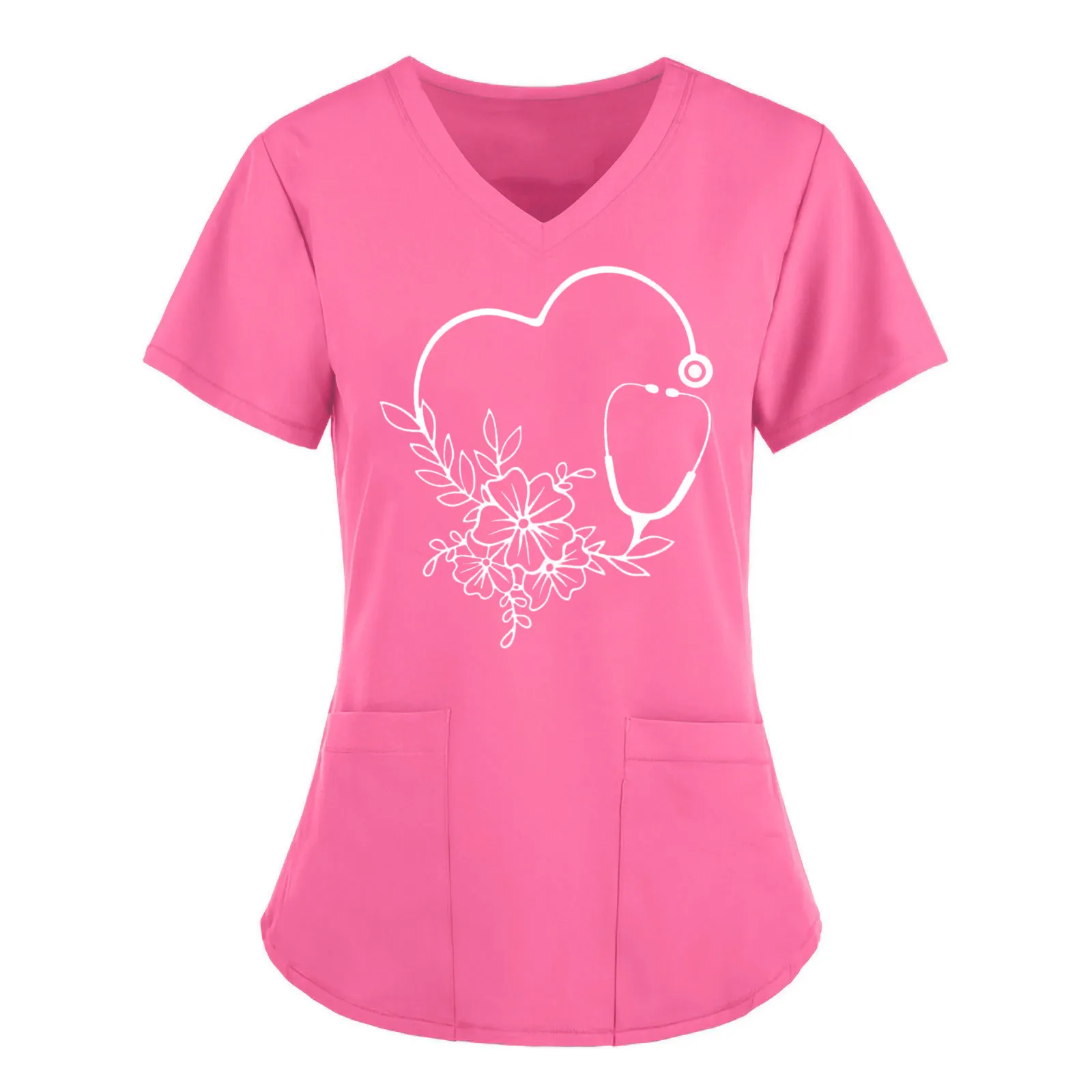 

Nurse Uniform Women Short Sleeve V-neck Tops Working Uniform Floral Love Print Pocket Blouse Overalls Nurse uniforme clinico