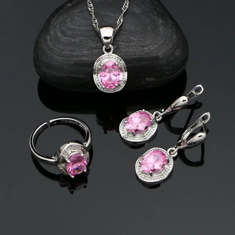 

925 стерлингового серебра Свадебный комплект ювелирных изделий розовый фианит регулируемое кольцо подвеска на цепочке серьги для женщин Св...