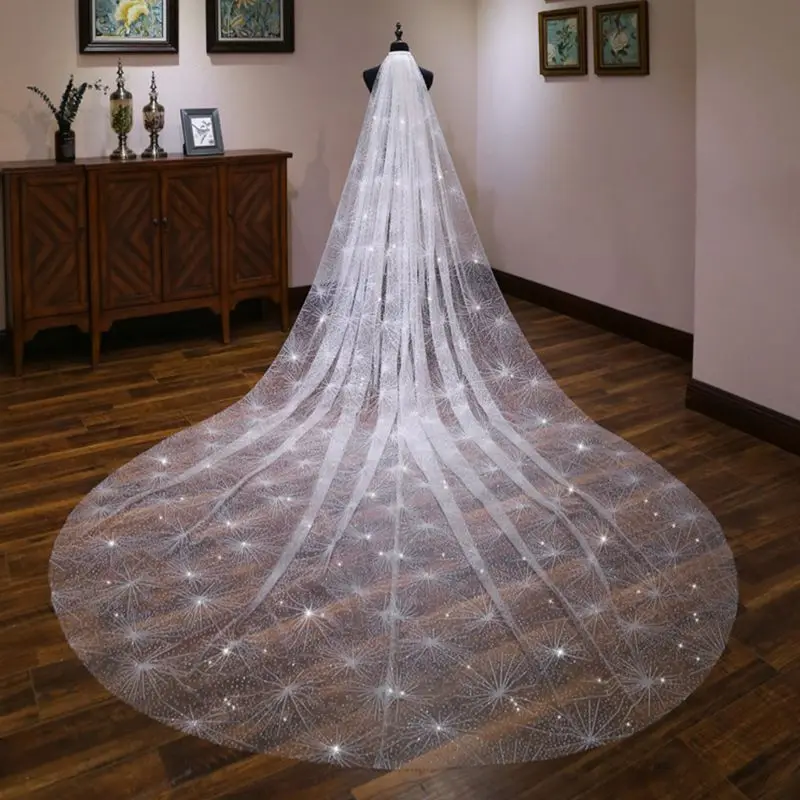 

3M One-Layer Women White Trailing Long Wedding Veil Seashell Spray Glitter Rhinestone Cut Trim Luxury Starry Sky Bridal HX6F