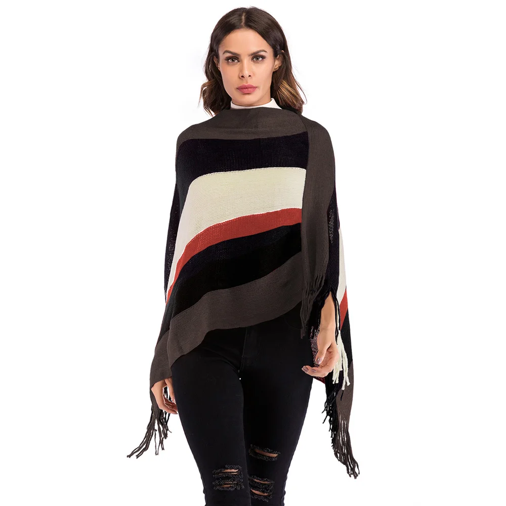 Joineles Autumn Wool Women Sweaters Stripe Tassels Fashion Knitwear Pullovers Female Outwear Tops Korean Style Cape Poncho | Женская