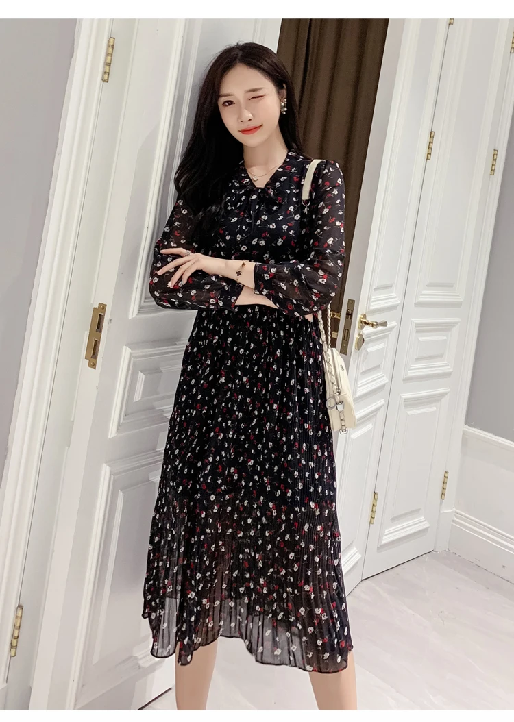Mori Girl/осенне-весеннее женское милое платье миди, черное, абрикосовое, с цветочным принтом, с бантом, Mujer Vestido, элегантное шифоновое шикарное плиссированное платье