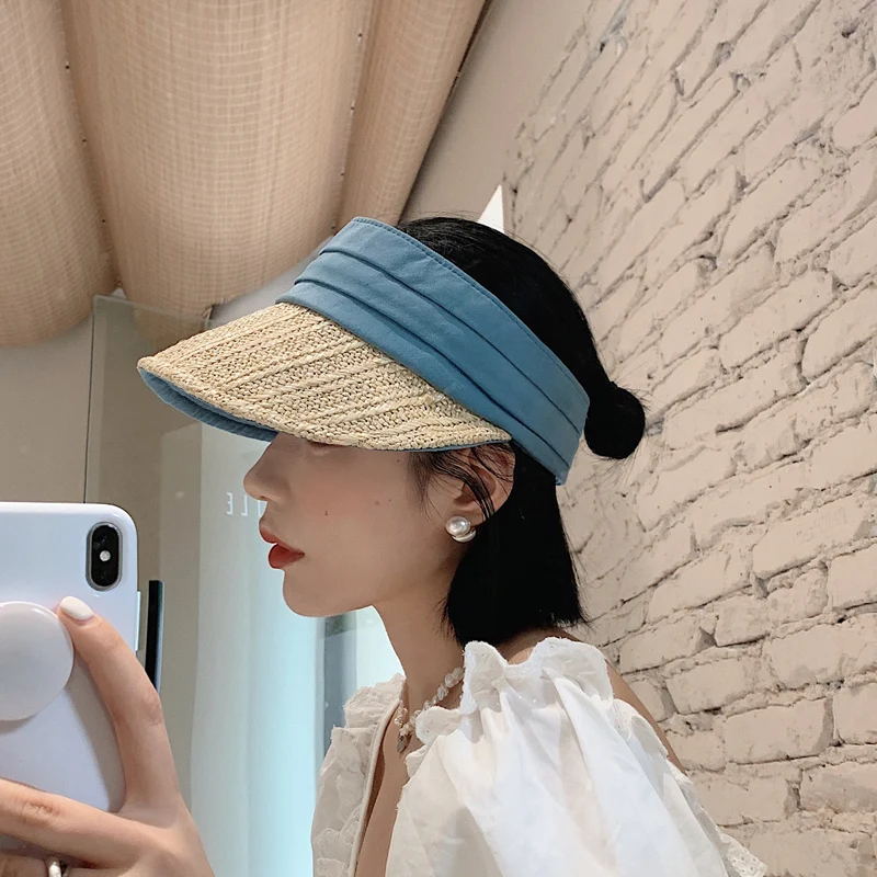 

New Double-sided Hat Empty Top Female Summer Hats Sunshade Cotton Linen Straw Stitching Korean Beach Sunshade Casual Cap Visor