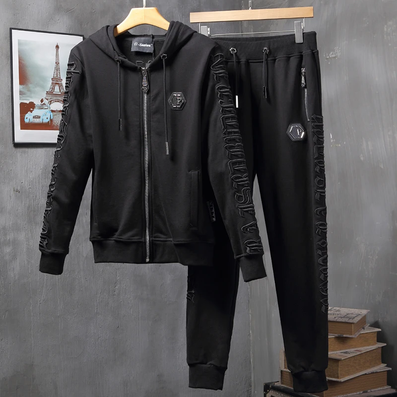 

Hoodie Set Men's PP Skull Letters Popular fleece Casual pantsEmbroidered Plein Fashion Hoodie Cardigan 2 Piece Set