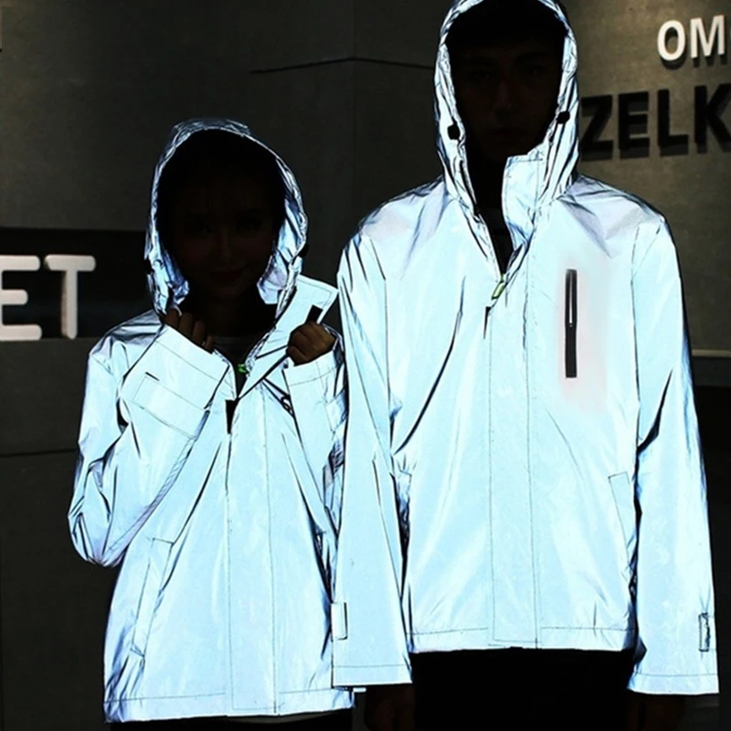 

Men Trendy Brand Couple Windbreaker Jacket Reflective Hooded Streetwear Hip-hop Jacket Dark Night Shiny Zipper Outerwear Coats
