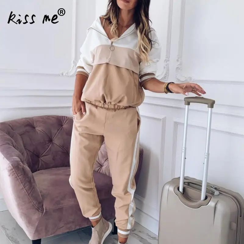 khaki Однотонный контрастный цвет, набор для бега на открытом воздухе, Повседневные свитера, свободные, для женщин, для тренировок, тренировок, упражнений, спортивная одежда, для фитнеса, спортивный костюм - Цвет: khaki
