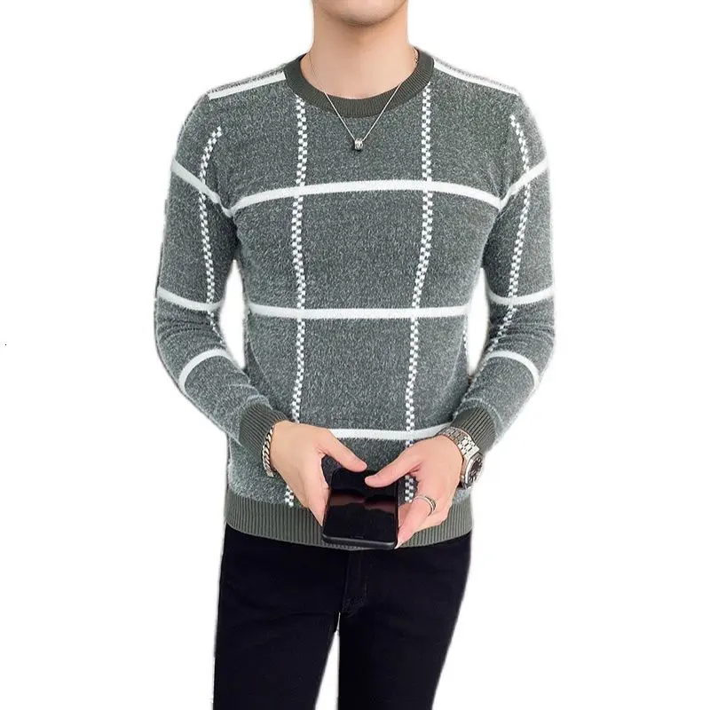 

Autumn Heren Sweater Knitted Sweater Base Shirt Men's Plaid Jacquard Round Neck Pullover Slim Fit Sweater Green Fashion Sweater