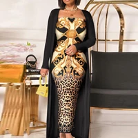 elegant women printing slim fit dress long sleeve coat set vintage strapless bodycon party dress cardigan outwear matching set