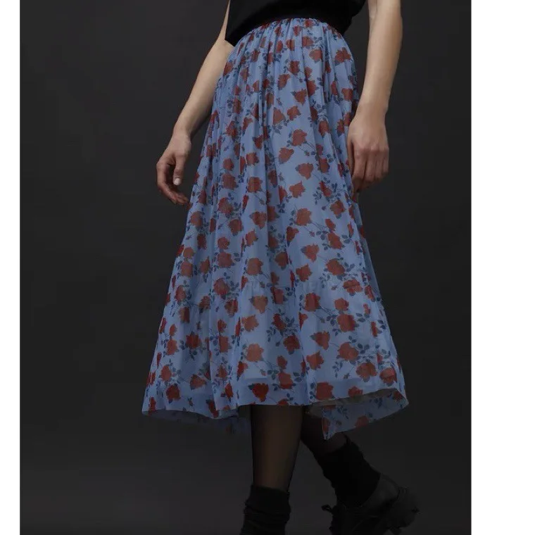 

Blue Bottom Red Rose Floral A-line High Waist Skirt Female Retro Elastic Waist Long Mesh Skirt 2021 Autumn New