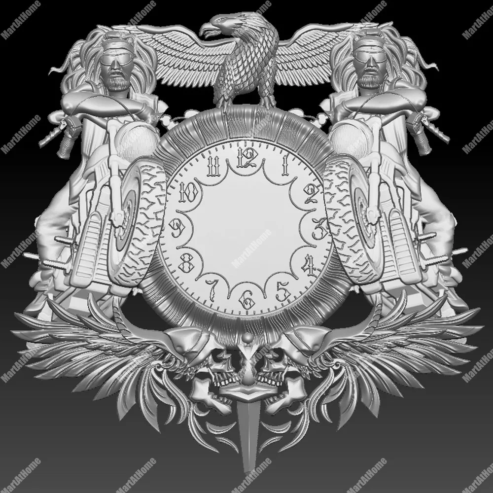 3D модель STL BMP JDP файл Круглый Резной рисунок Орел Мотоцикл настенные часы для ЧПУ