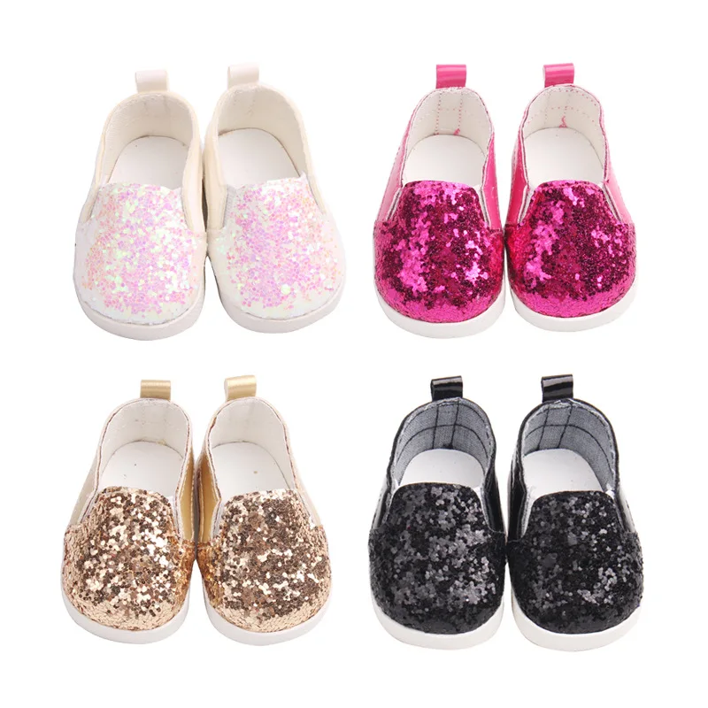 

Wholesale 7cm 4 Colors Sequins Shoes for 43cm Height Doll Fit for 18inch Dolls Baby New Born Doll American Doll Shoes