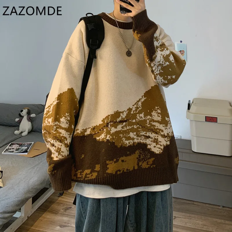 

Мужской осенний свитер ZAZOMDE, теплый Модный пуловер в стиле ретро, повседневный вязаный пуловер, мужские дикие свободные Корейские вязаные с...