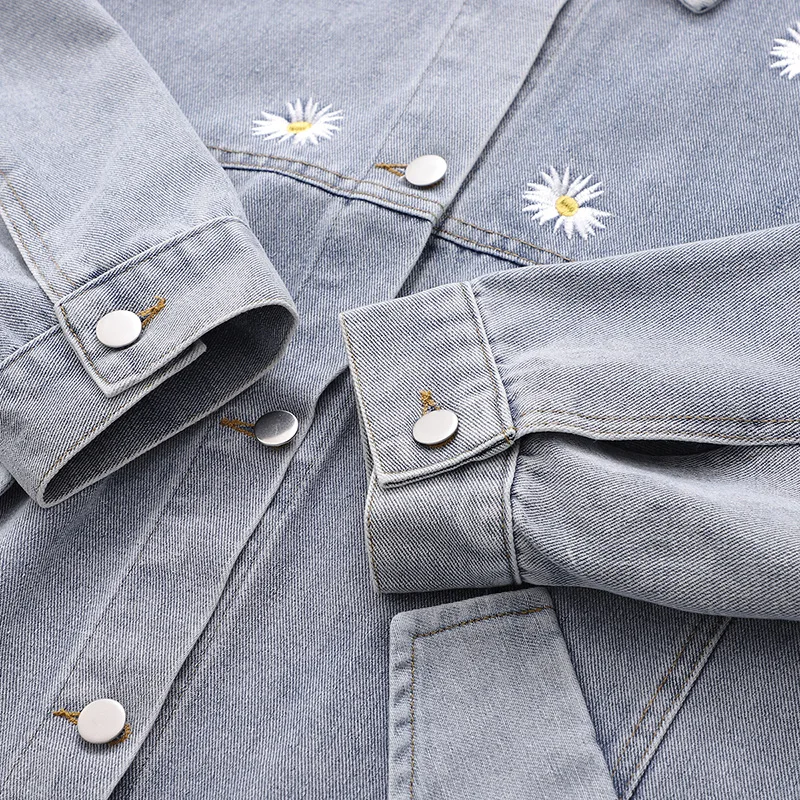 

Korean Embroidery Daisy Jean Jacket Women Spring Autumn Turn-down Collar Loose Basic Denim Coat Casual Chaquetas Jacket Outwear