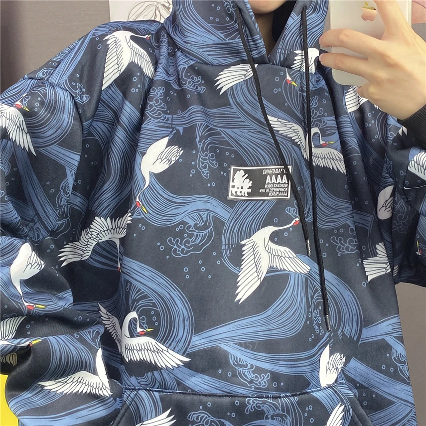 Худи женское с капюшоном укиё-э кимоно принтом журавля в японском стиле