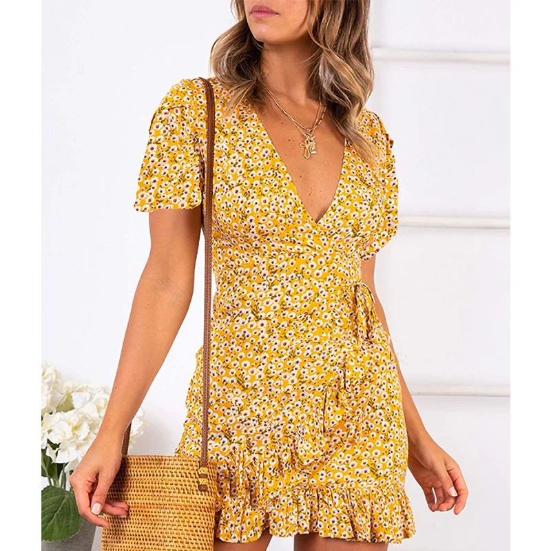 

Summer Dress Woman Dot Floral Printing Waist Tie Bohemia Dress Pleated Edible Tree Fungus Cascading Ruffle Short Sleeve Dress